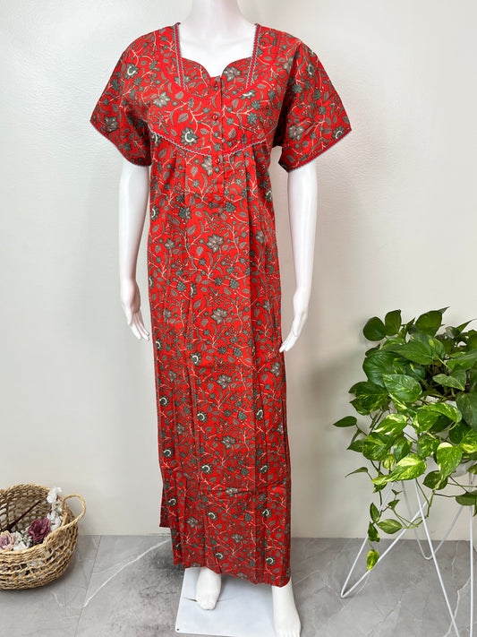 Red Pure Cotton Nightgown Soft & Comfortable
