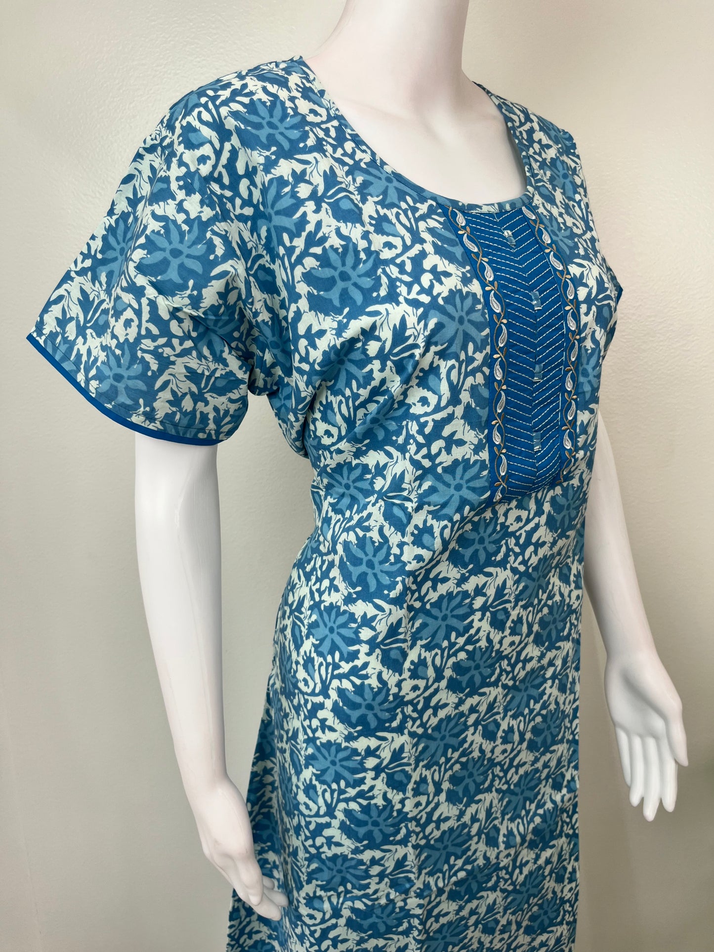 Blue Pure Cotton Embroidered Nighty