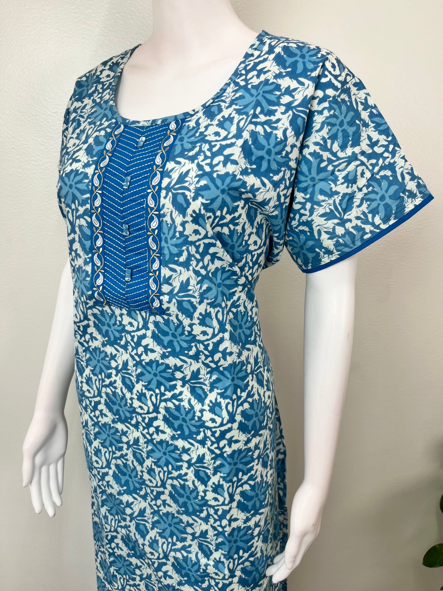 Blue Pure Cotton Embroidered Nighty