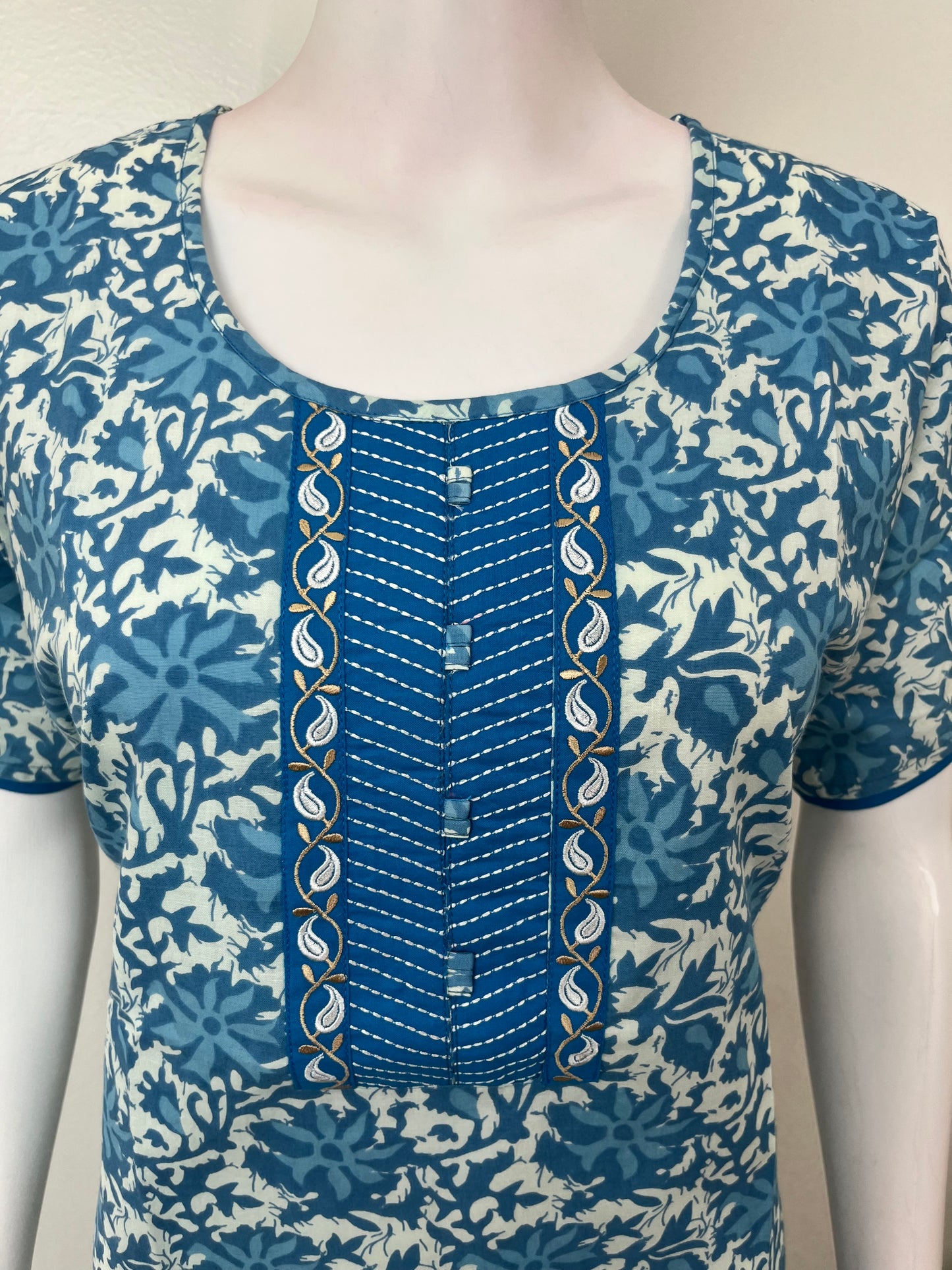 Blue Pure Cotton Embroidered Nighty
