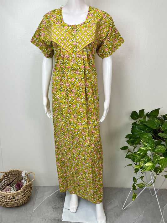 Yellow Floral Pure Cotton Nighty