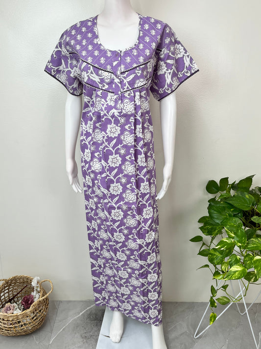 Lavender Pleated Style 100% Cotton Nighty