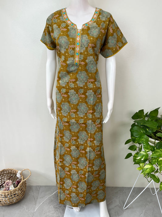 Mustard A-Line Pattern 100% Cotton Nighty