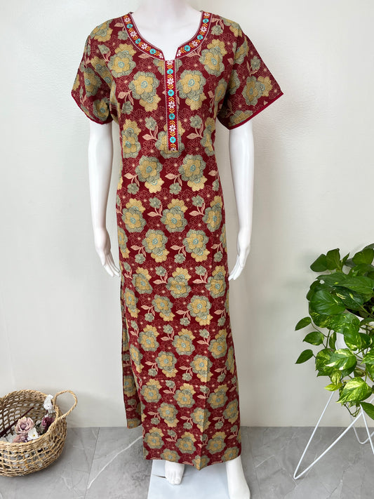 Maroon Printed 100% Cotton Nighty