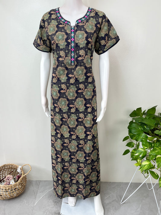 Navy Blue Embroidered Pure Cotton Nightgown