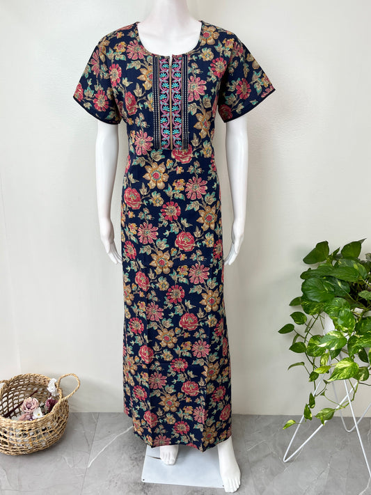 Navy Blue Floral Printed 100% Cotton Nightgown