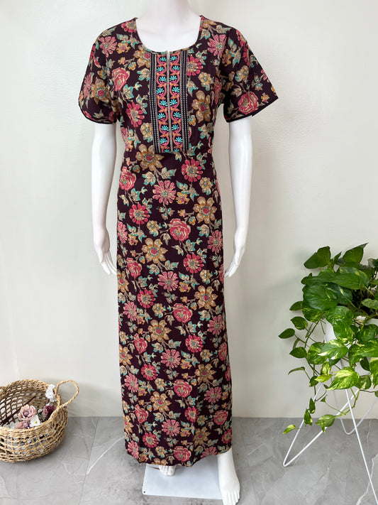Wine Classic Embroidered Pure Cotton Nightgown