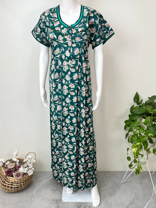 Green Floral Printed 100% Cotton Nightgown