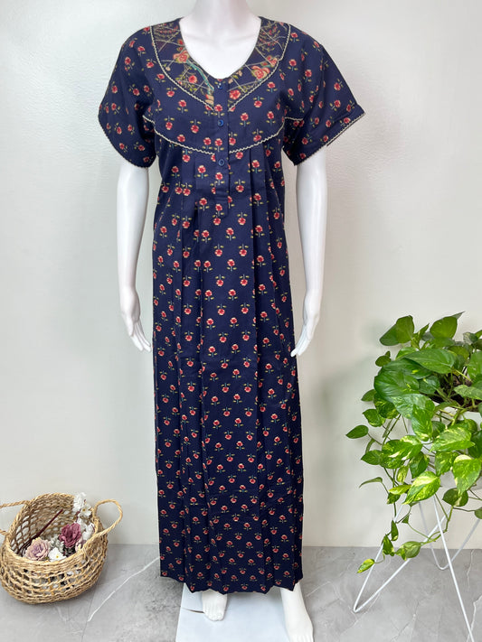 Navy Blue Floral Printed 100% Cotton Nightgown