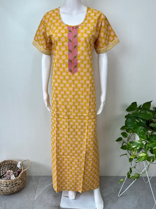 Yellow A-Line Pure Cotton Embroidered Nighty