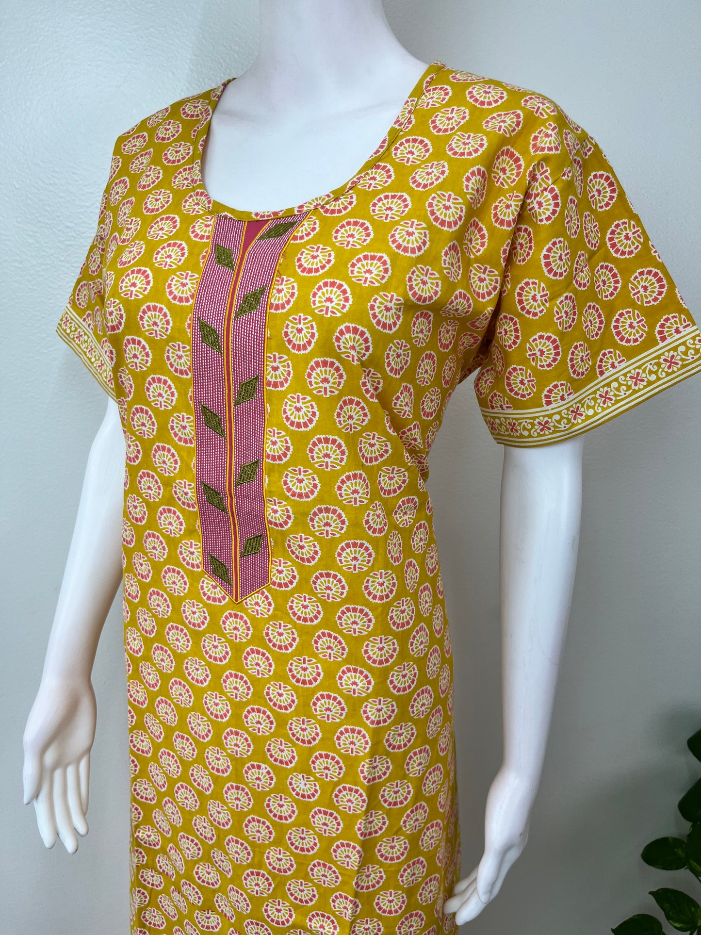 Yellow A-Line Pure Cotton Embroidered Nighty