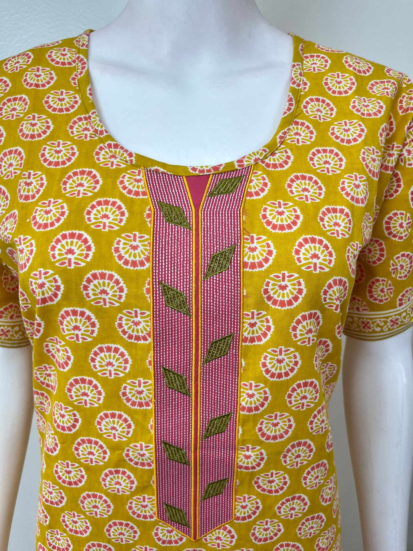 Yellow A-Line Pure Cotton Embroidered Nighty