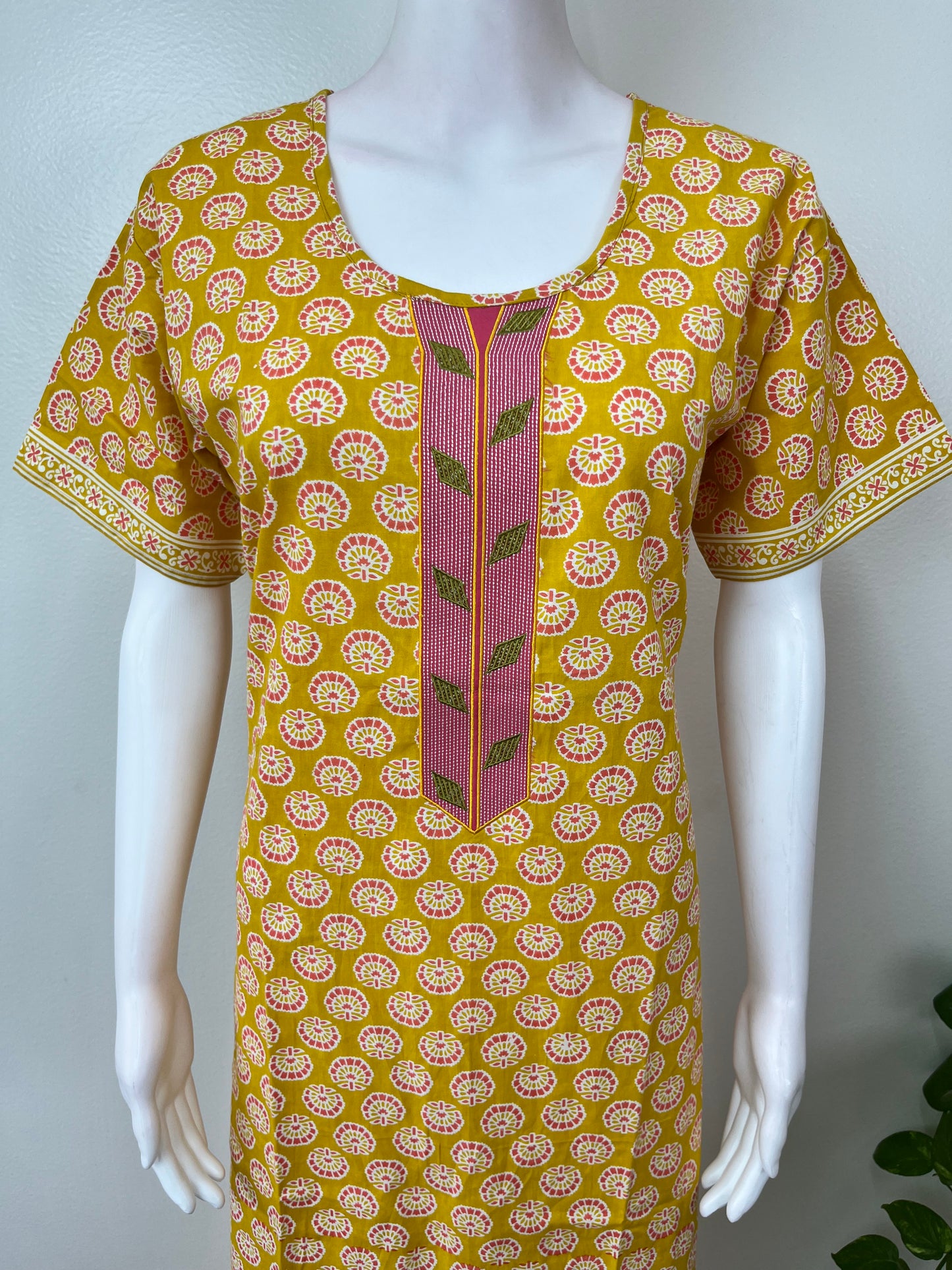 Yellow A-Line Pure Cotton Embroidered Nighty
