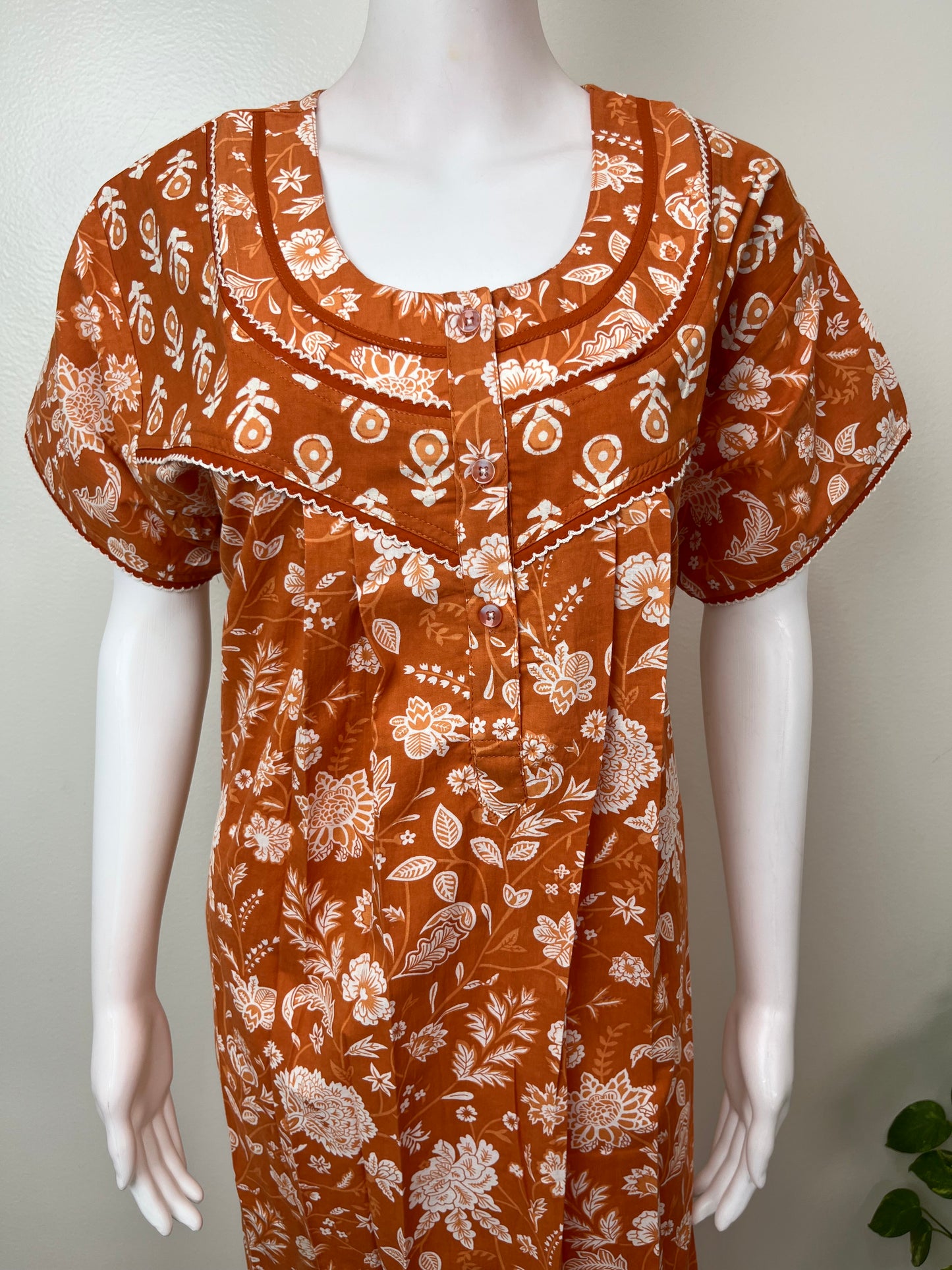 Orange Pleated Style Pure Cotton Nighty