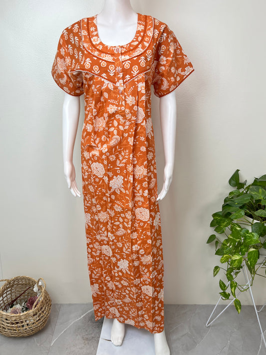 Orange Pleated Style Pure Cotton Nighty