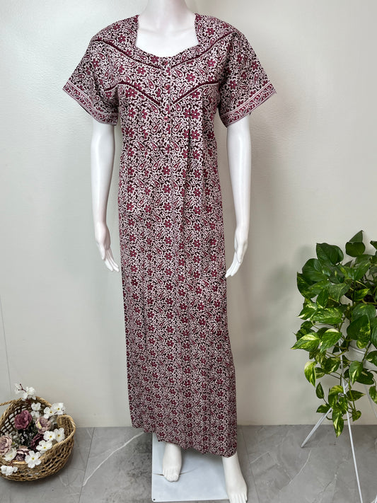 Wine Pleated Style Pure Cotton Nightgown