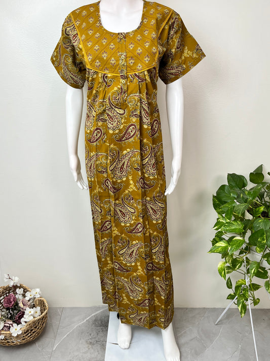 Mustard Ajrak Printed Pure Cotton Nighty