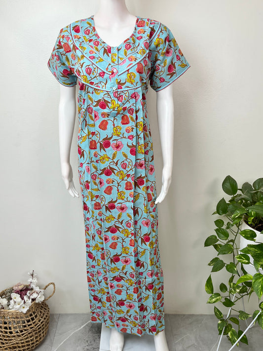 Aqua Blue Pure Cotton Women's Nightgown