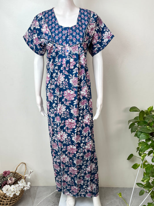 Navy Blue Pleated Style 100% Cotton Nighty