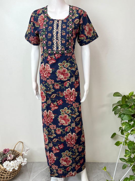 Navy Blue Floral Printed 100% Cotton Nighty