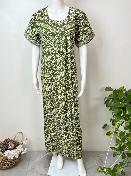 Green Pleated Style Pure Cotton Nightgown