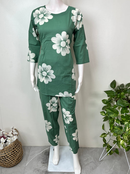 Green Cambric Cotton Night Suit