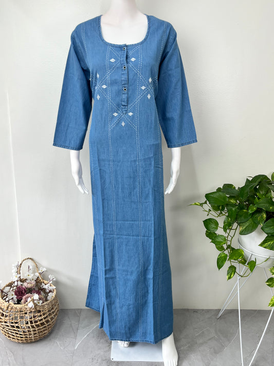 Breathable Denim Look Nightgown with 3/4th Sleeves