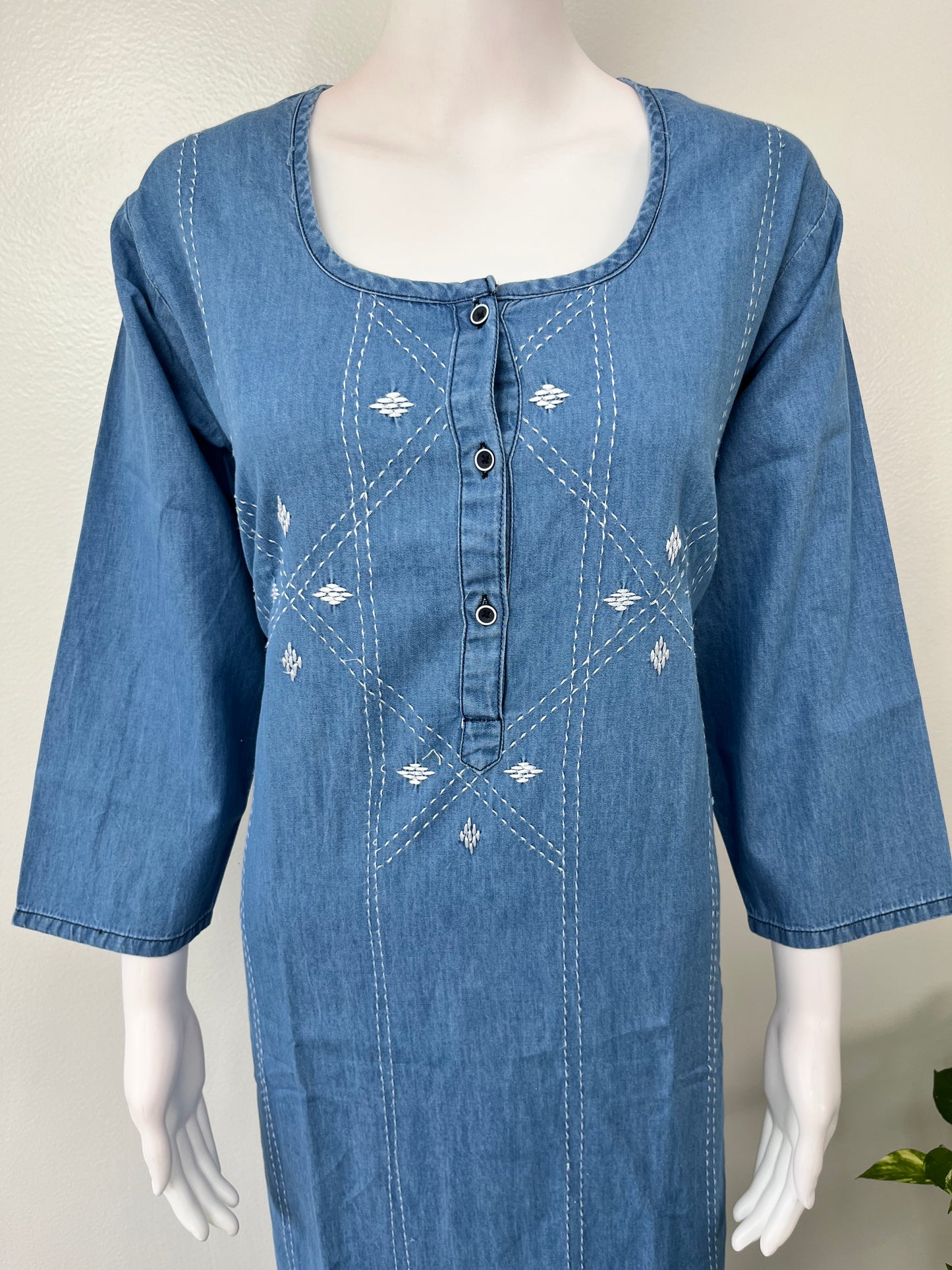 Breathable Denim Look Nightgown with 3/4th Sleeves