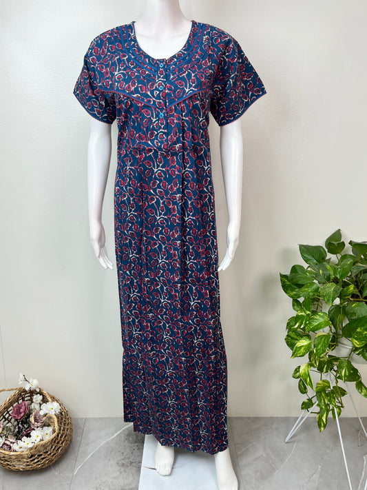 Navy Blue Pure Cotton Nighty with Contrast Print
