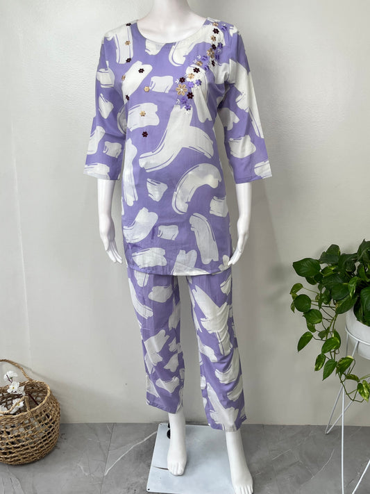Lavender Emrbroidered Pure Cotton Nightwear-Co-ord Style