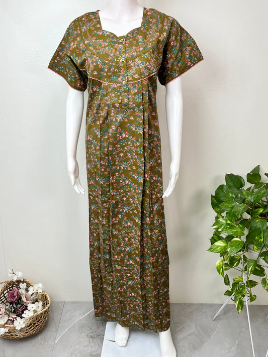 Brown Floral Printed Pure Cotton Nightgown