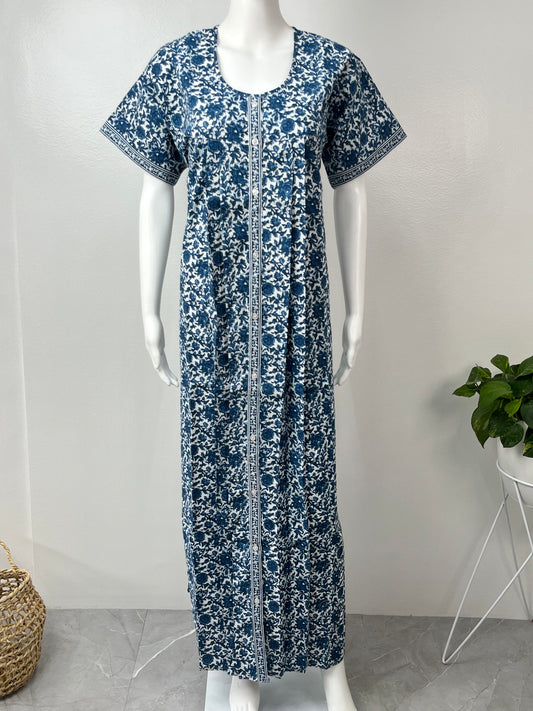 Indigo Front Open Printed Pure Cotton Nightgown Soft & Comfortable