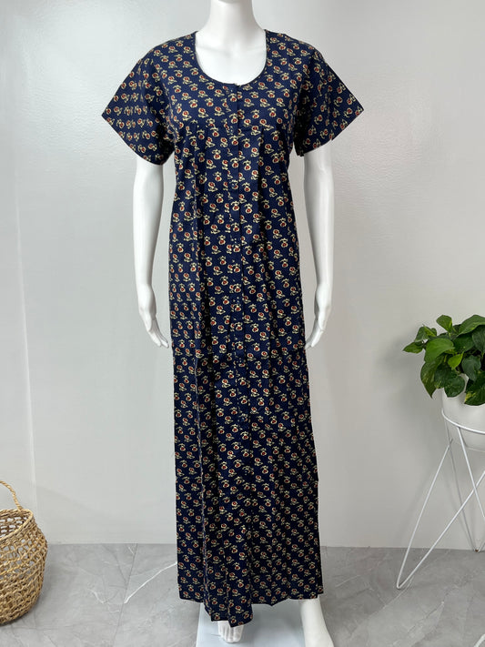 Navy Blue Front Open Pure Cotton Nighty for Women
