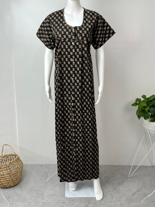 Black Front Open Pure Cotton Nightgown Comfortable & Elegant