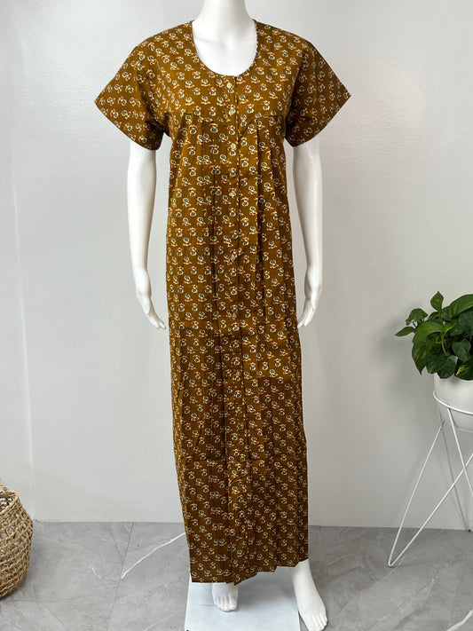Mustard Color Front Open Pure Cotton Nighty for Women