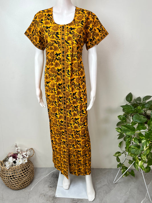 Yellow Pleated Style Full Front Open Cotton Nightgown