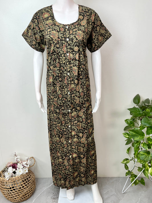 Black 100% Cotton Front Open Nightgown