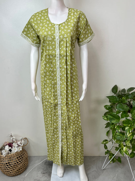 Green Front Open Pure Cotton Nightgown