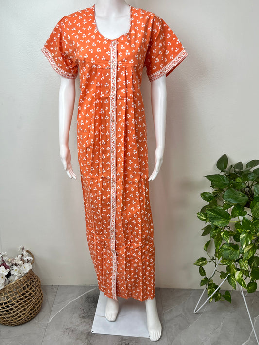 Orange Pleated Front Open Pure Cotton Nighty