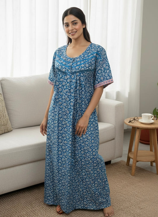 Blue Printed Pure Cotton Nighty