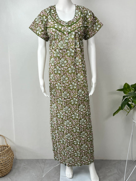 Olive Green 100% Cotton Printed Nighty for Women