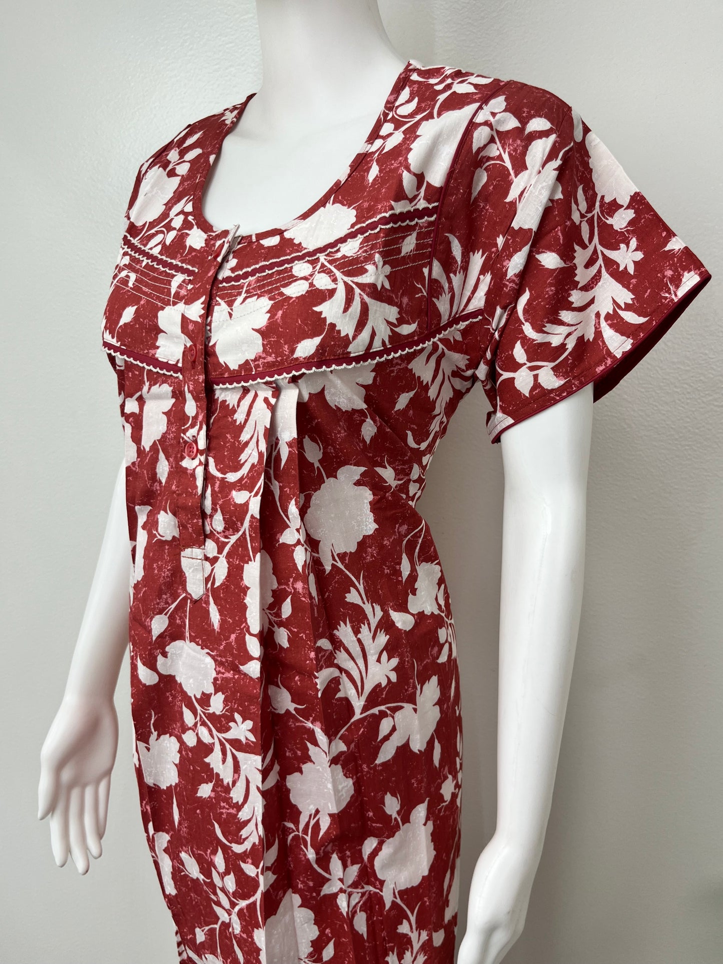 Red Pure Cotton Nightgown Comfortable & Elegant