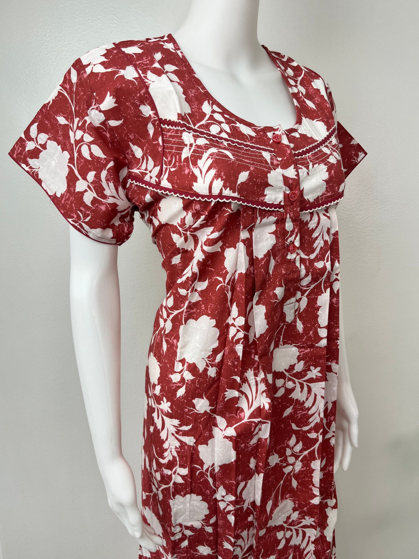 Red Pure Cotton Nightgown Comfortable & Elegant