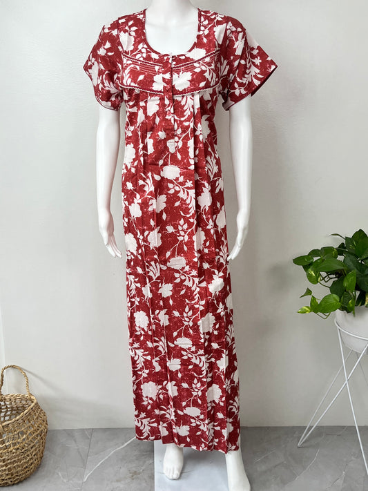 Red Pure Cotton Nightgown Comfortable & Elegant