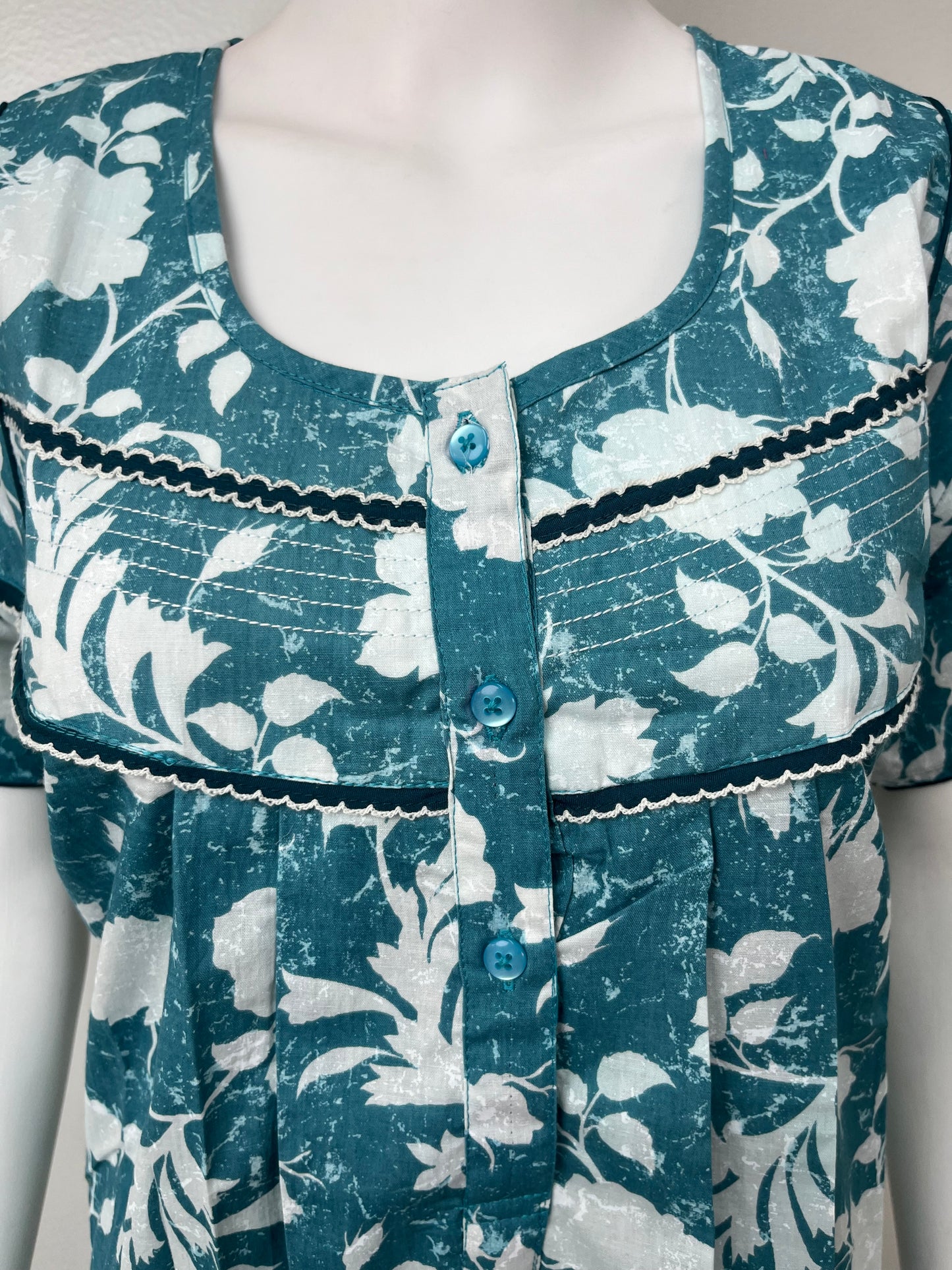 Teal Blue Pleated 100% Cotton Nighty