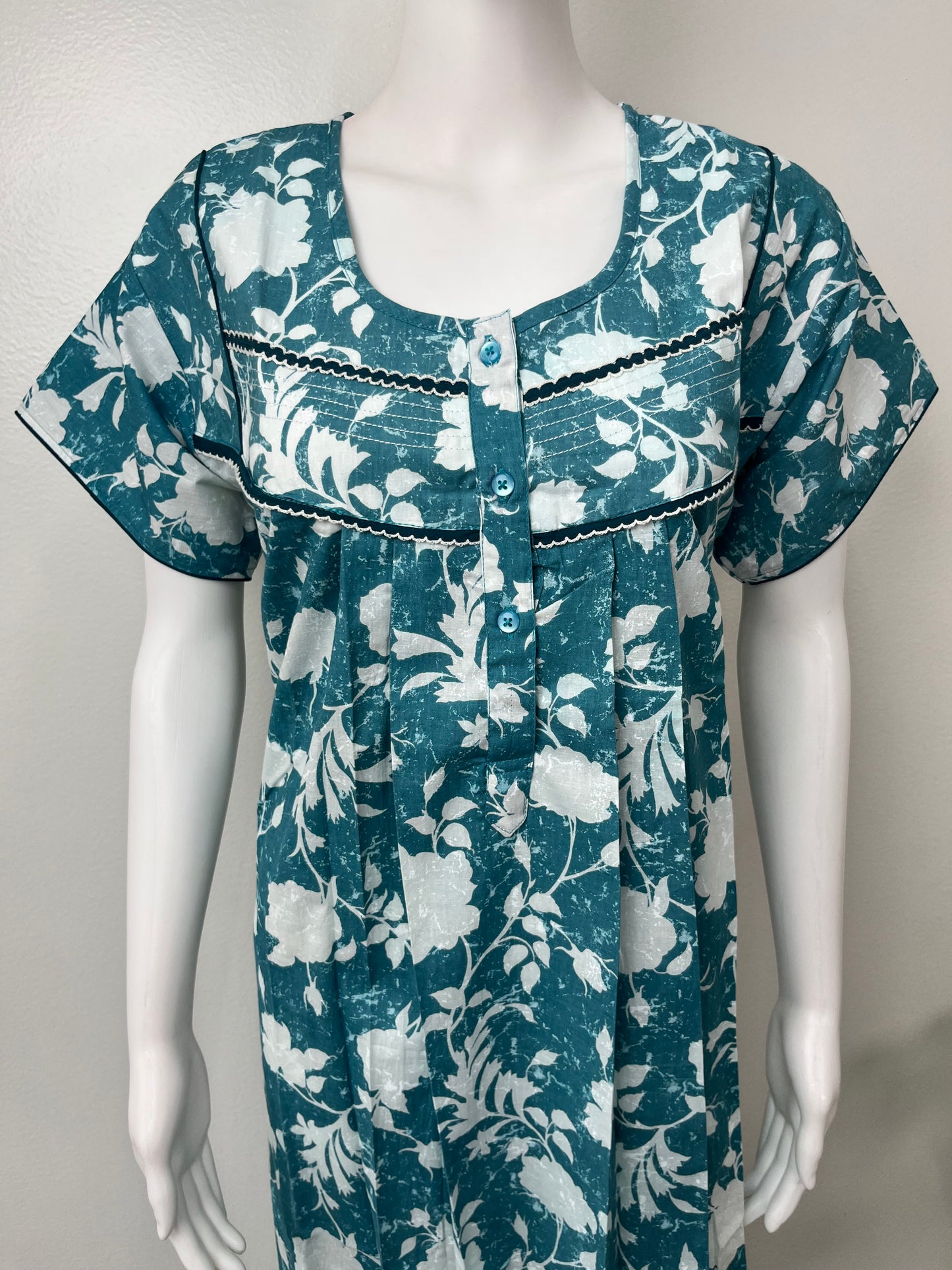 Teal Blue Pleated 100% Cotton Nighty
