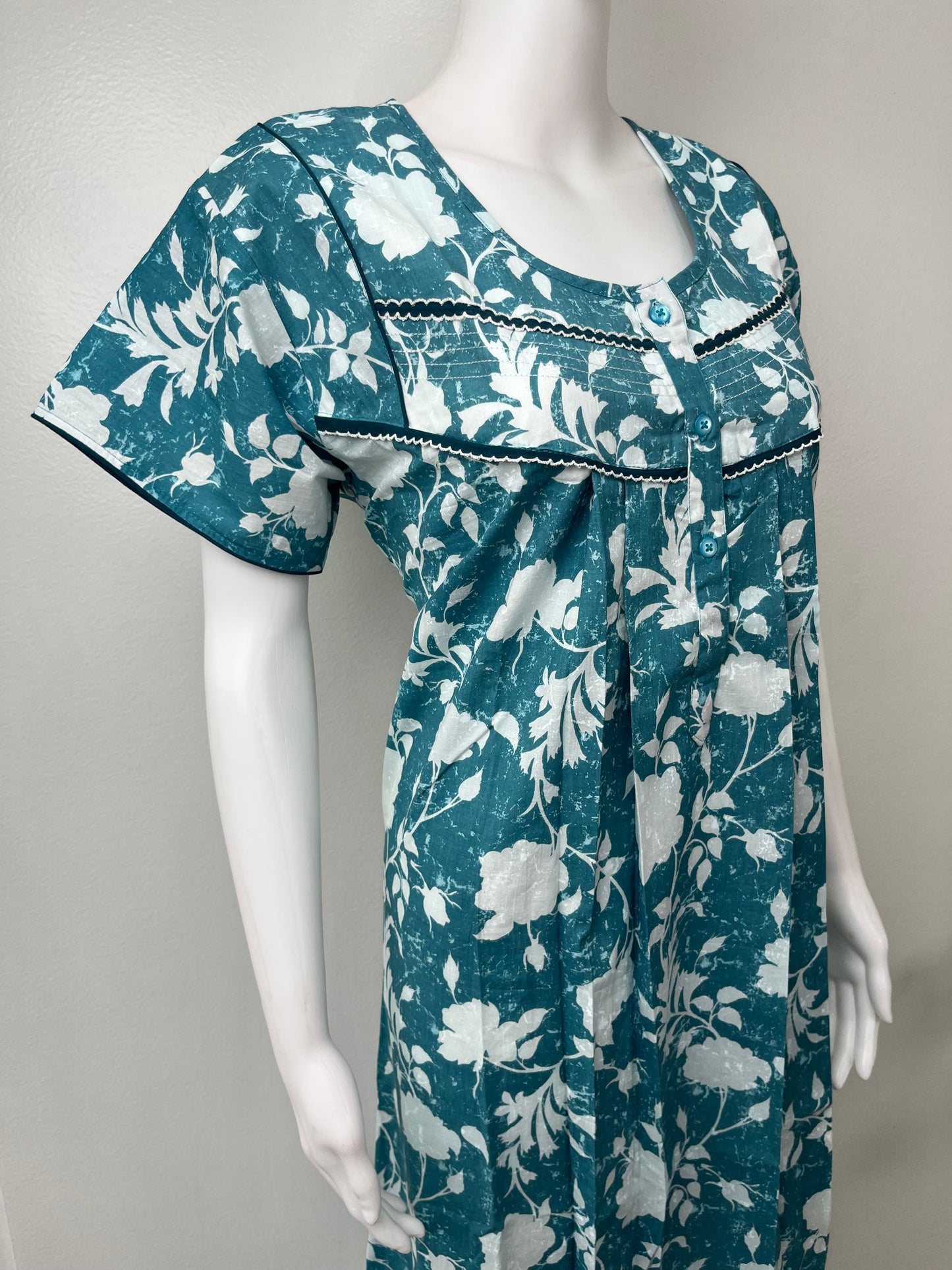 Teal Blue Pleated 100% Cotton Nighty