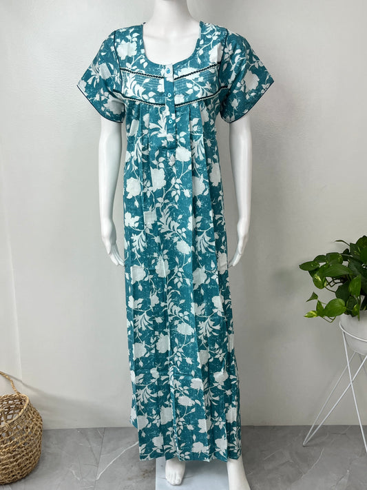 Teal Blue Pleated 100% Cotton Nighty