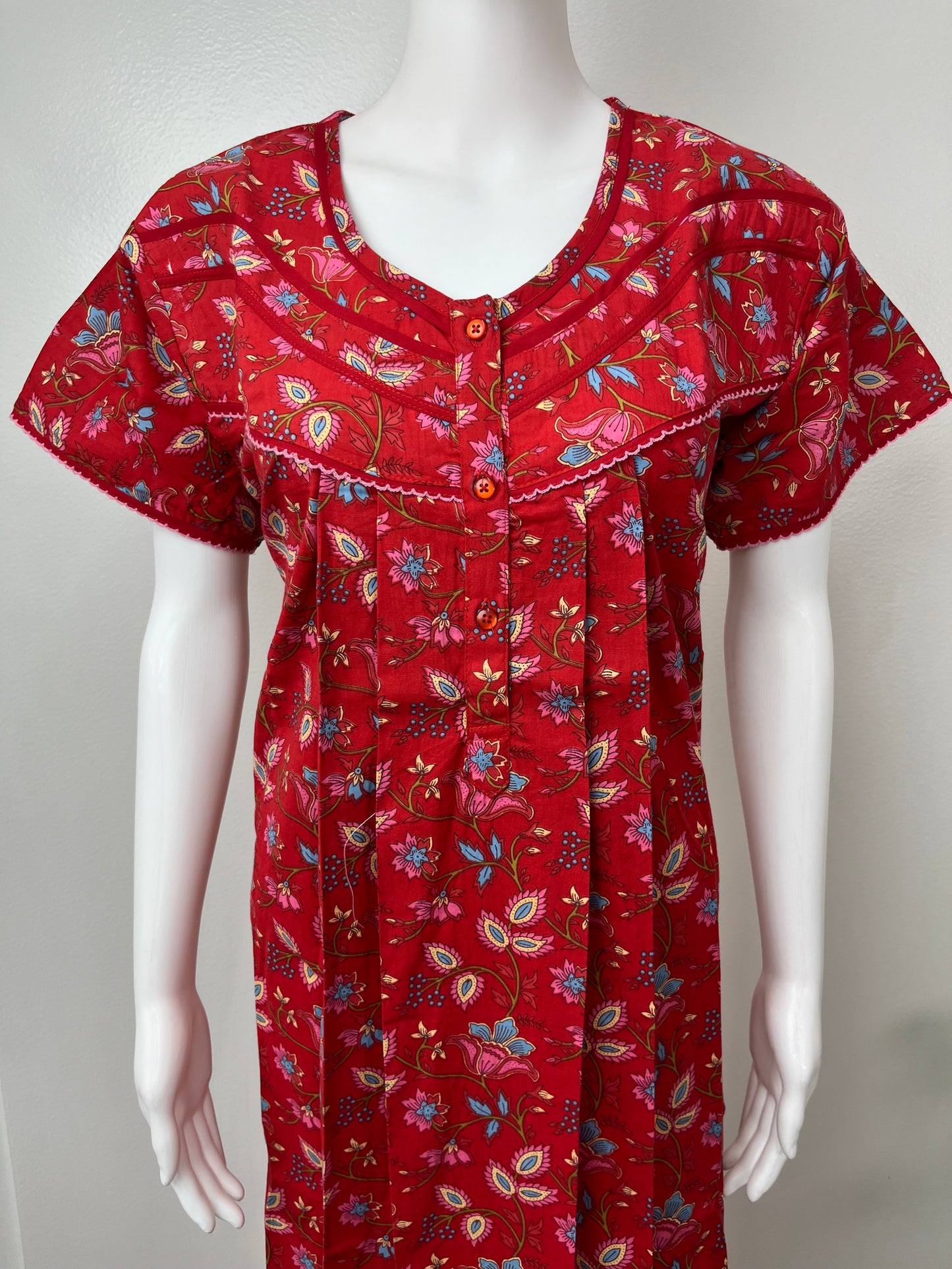 Red Floral Printed Pure Cotton Nighty for Women