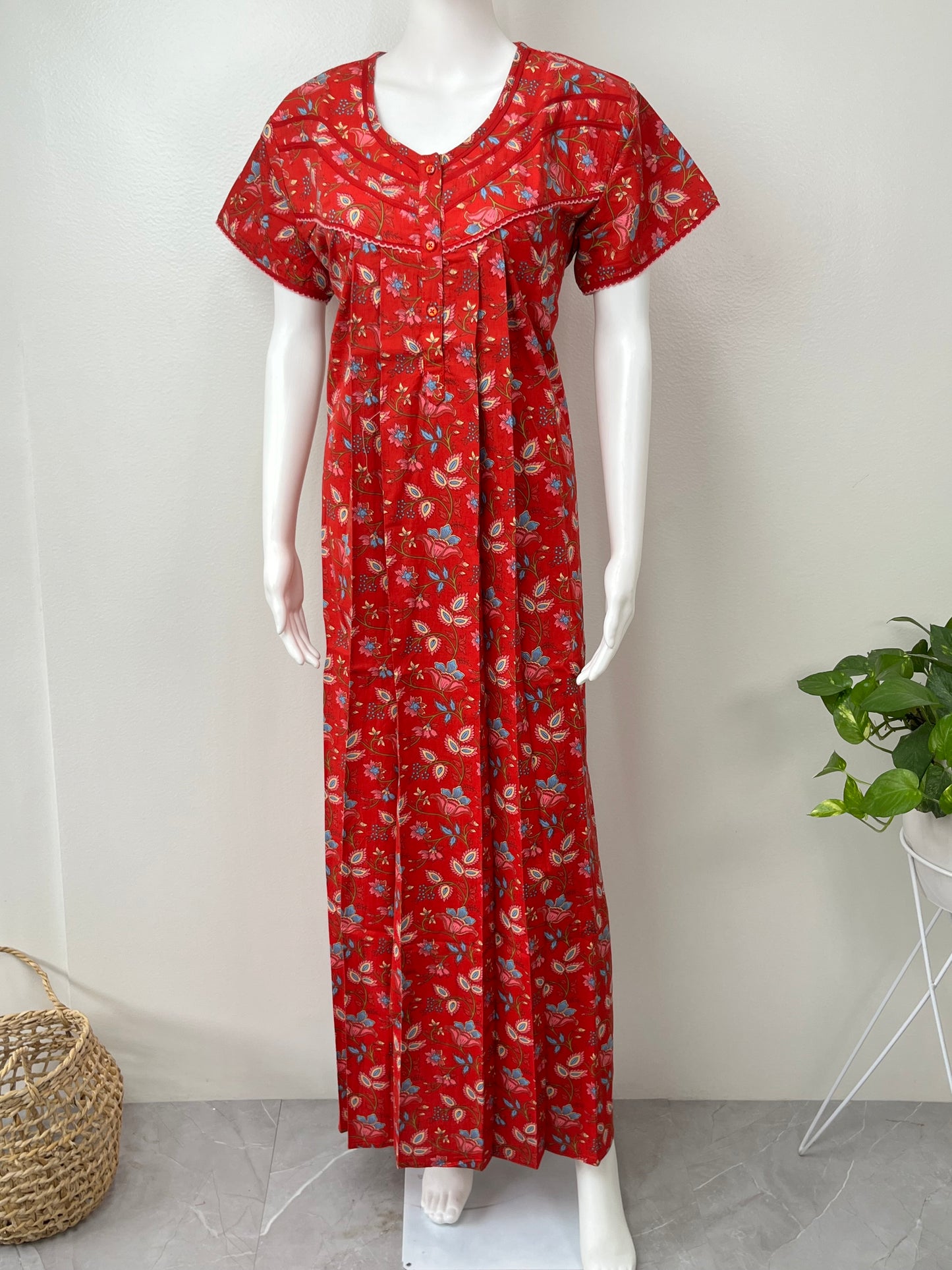 Red Floral Printed Pure Cotton Nighty for Women